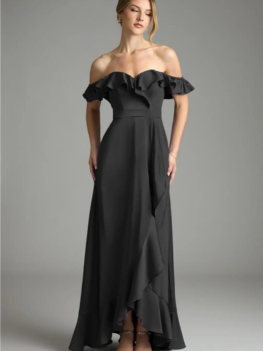 Azazie Lyra Convertible Dress Black A-Line Off the Shoulder Stretch Satin